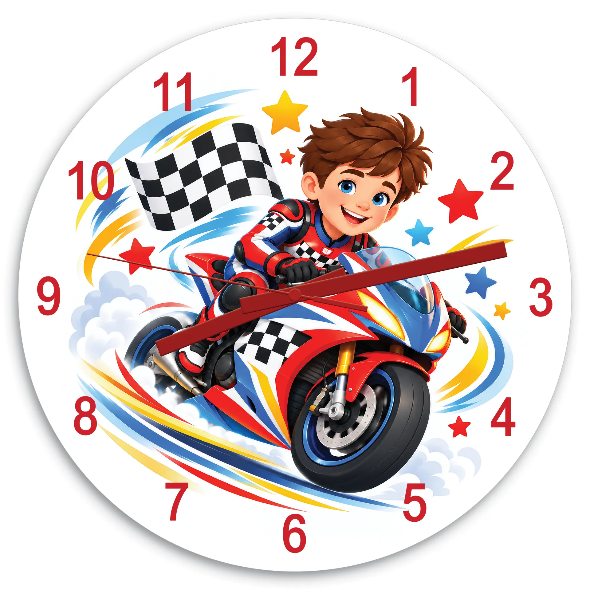 Dětské nástěnné hodiny Motorkář v cíli
